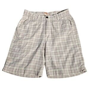 VTG Mens Plaid Cotton Shorts 32 Cream Burgundy Casual Flat Front Timberlake. 669